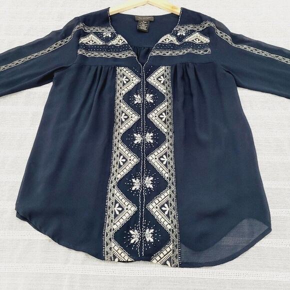 MM Couture by Miss Me Midnight Blue Art Deco Style Beaded Blouse Size Small - Picture 4 of 13